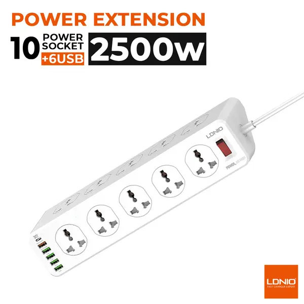 LDNIO SC10610 10Ports Universal Power Socket (1USB-C & 5USB-A) White EU Plug