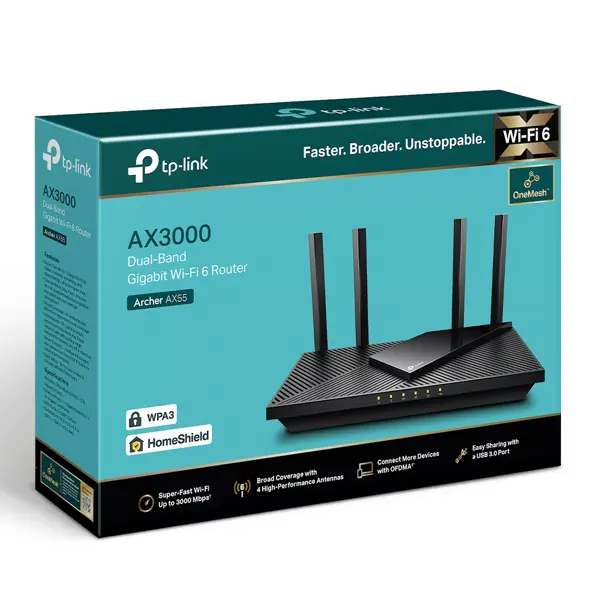 TP-Link Archer AX55 AX3000 Dual Band Gigabit Wi-Fi 6 Router (OneMesh, OFDMA, MU-MIMO, WPA3 Security)
