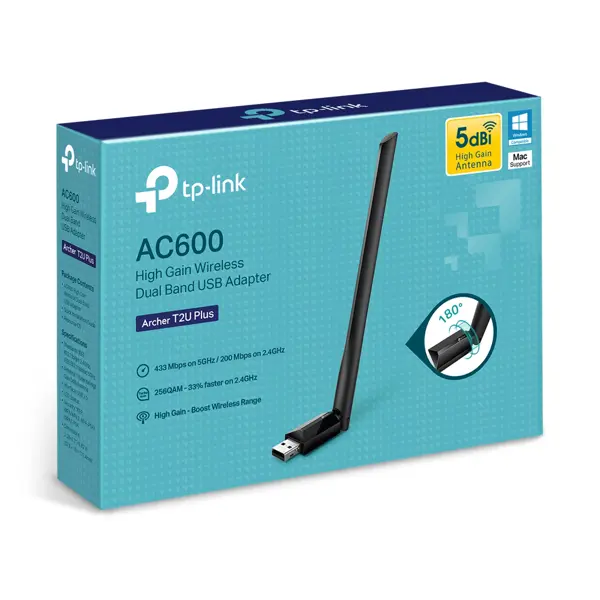 TP-Link Archer T2U Plus AC600 High-Gain Dual-Band Wireless USB Adapter – Stable Wi-Fi for Laptop & PC