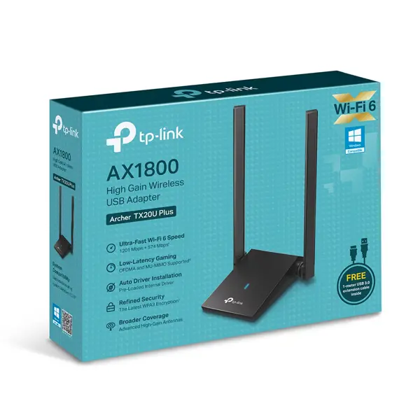 TP-Link Archer TX20U Plus AX1800 Dual-Antenna High-Gain Wireless USB Adapter – Wi-Fi 6 Upgrade for Laptops & PCs