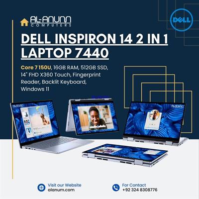 Dell Inspiron 14 2-in-1 Convertible Touchscreen Laptop 7440 – Intel Core Ultra 7 150U (14th Gen), 16GB RAM, 512GB SSD, 14" Full HD X360 Display, Fingerprint Reader, Backlit Keyboard, Windows 11 – Ice Blue | Al Anum Karachi