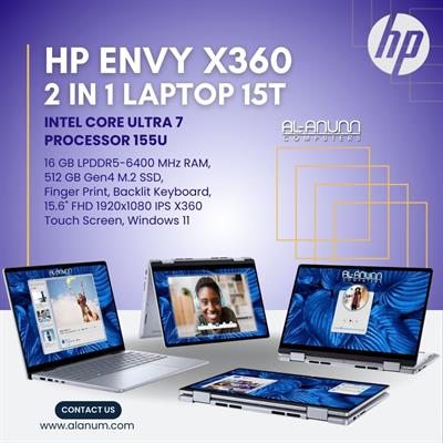 HP ENVY x360 15T-fe100 - Core Ultra 7 155U, 16GB RAM, 512GB SSD, 15.6" FHD IPS Touch, Backlit Keyboard, Fingerprint Reader, Windows 11 - Silver