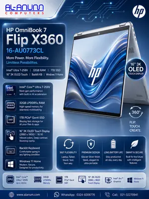 HP OmniBook 7 Flip X360 Laptop 16-AU0773CL - Intel Ultra 7-258V, 32GB, 1TB SSD, 16" 3K OLED Touch, Backlit KB, RECHARGEABLE TILT PEN, W11 (Glacier Silver)