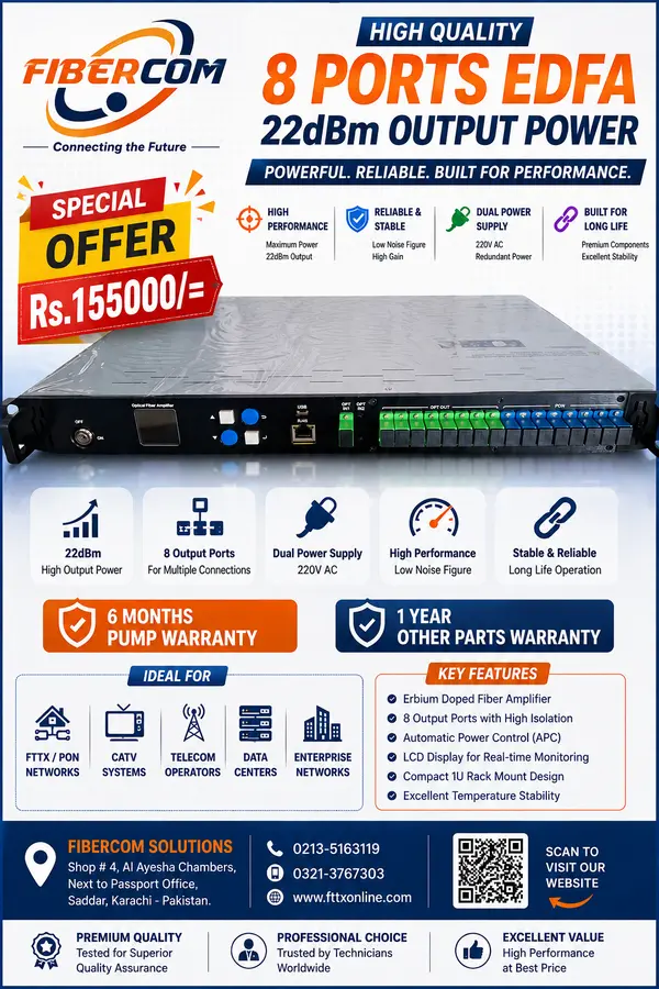 FiberCom 8 Ports 22 dbm EDFA Built-in WDM, Dual supply