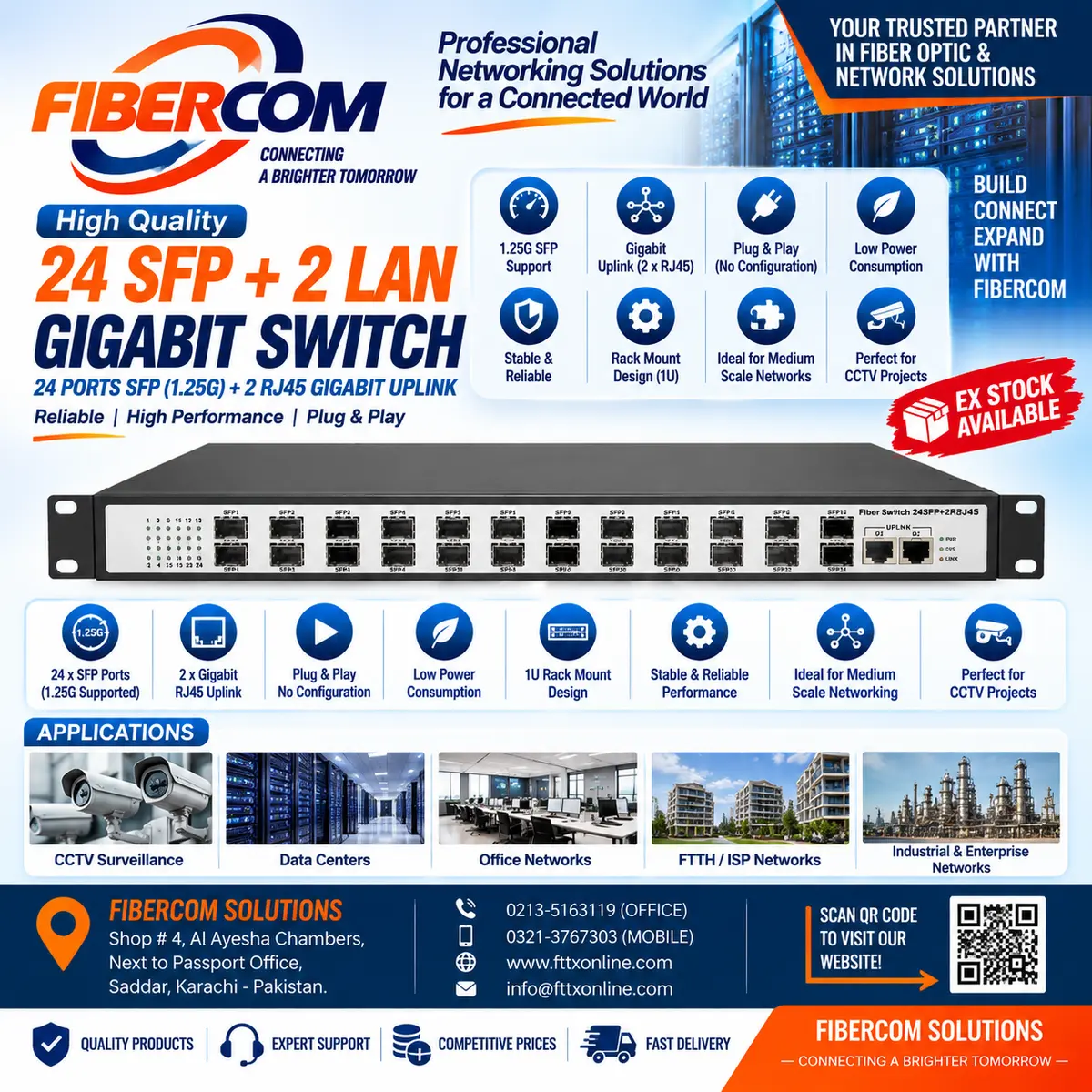 24 SFP + 2Lan Gigiabit Switch Media Converter