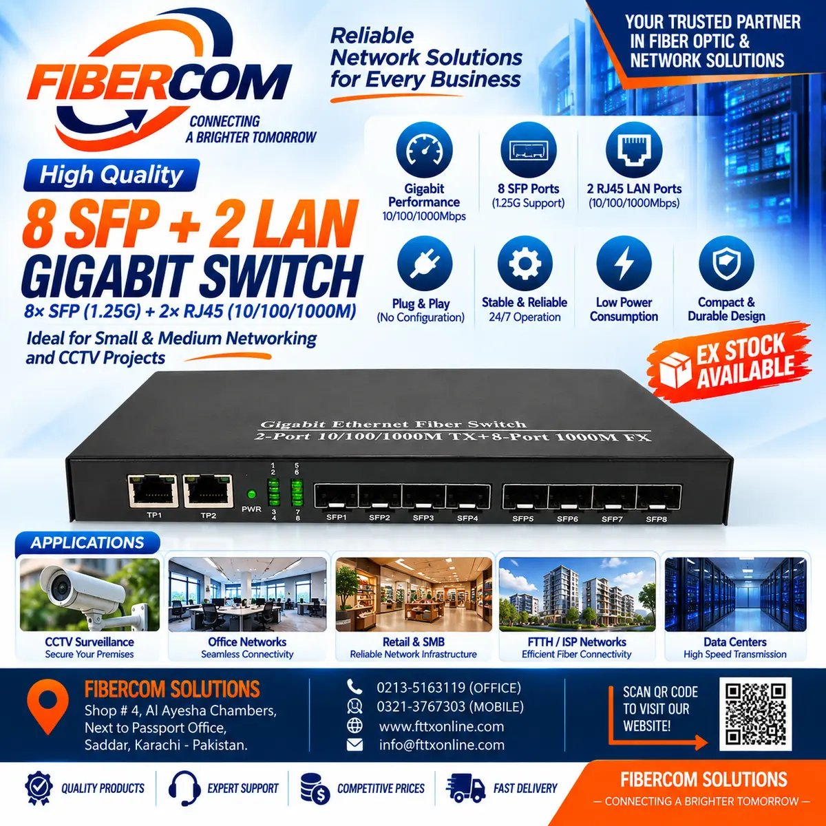 8 Port SFP + 2Lan Giga Fiber Media Converter