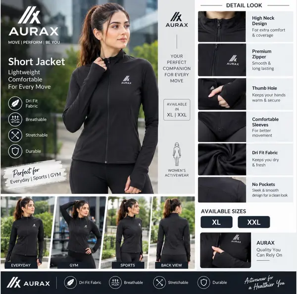AuraX Colar Jacket Outdoor Running| Fitness | Yoga | Dri Fit Zipper Collar Skinny Coat