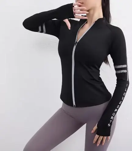AuraX Women Sport Jackets Zipper Yoga Jacket Letter Print Thumb Hole Running Sweatshirt Elastic Quick Dry Gym Fitness Tops Coat Female