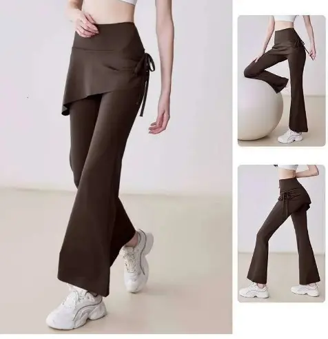 Aura X Flared Yoga Pants High Waist Fake Two-Piece Drawstring Pleated Wrap Skirt Trouser Tummy Control Running Workout Pants