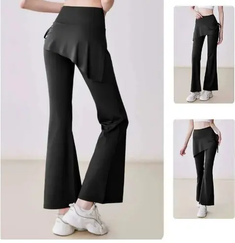 Aura X Flared Yoga Pants High Waist Fake Two-Piece Drawstring Pleated Wrap Skirt Trouser Tummy Control Running Workout Pants