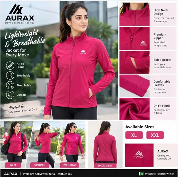 AuraX Women Pink Colar Jacket Sport | Running | Fitness Dri Fit Zipper Collar Skinny Jacket