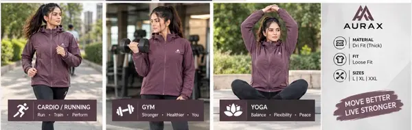 AuraX Women Purple Zipper Hodie Jacket | Dri fit Breathable Four-Way Stretch