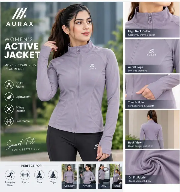 AuraX Women Colar Jacket Sport | Running | Fitness Dri Fit Zipper Collar Skinny Jacket
