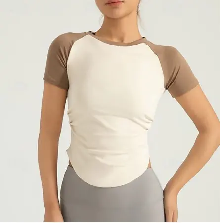 AuraX Women's Yoga Top Scoop Neck Breathable Patchwork Short Sleeve Sports Color Block Tee Tshirt Crisscross Back For Running Fitness Yoga Loose Fit Activewear