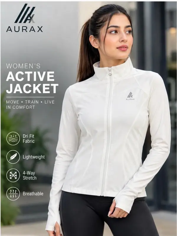 AuraX Women White Colar Jacket Sport | Running | Fitness Dri Fit Zipper Collar Skinny Jacket