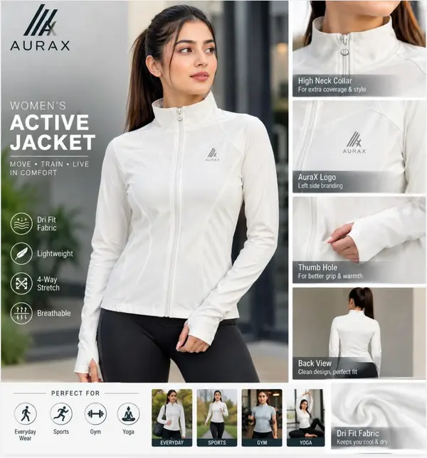 AuraX Women White Colar Jacket Sport | Running | Fitness Dri Fit Zipper Collar Skinny Jacket