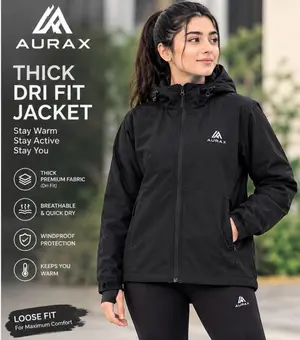 AuraX Women Black Hodie Zipper Jacket | Breathable Four-Way Stretch 