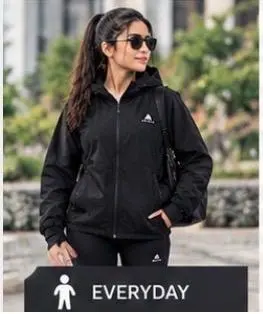 AuraX Women Black Hodie Zipper Jacket | Breathable Four-Way Stretch 