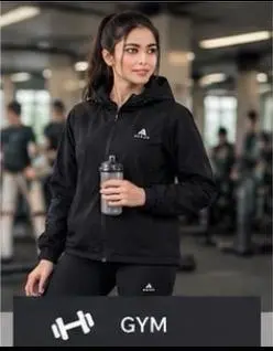 AuraX Women Black Hodie Zipper Jacket | Breathable Four-Way Stretch 