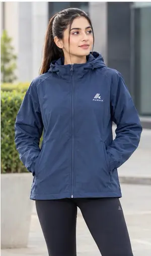 AuraX Women Wale Blue Zipper Hodie Jacket | Dri fit Breathable Four-Way Stretch