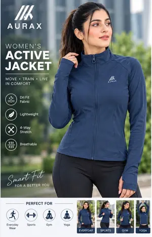 AuraX Women Blue Colar Jacket Sport | Running | Fitness Dri Fit Zipper Collar Skinny Jacket