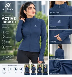 AuraX Women Blue Colar Jacket Sport | Running | Fitness Dri Fit Zipper Collar Skinny Jacket