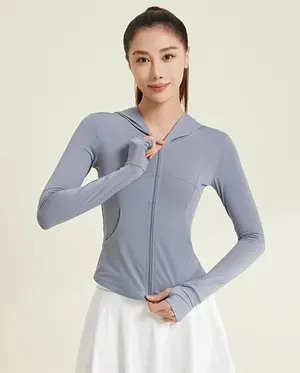 Girls Long Sleeve Gym Tops Women Zip Up Hoodie Running Sports Jacket Yoga Activewear Sweatshirts Slim Fit Sports T-Shirt Fitness Workout Crop Tops with Thumb Holes Quick Dry Hoodies