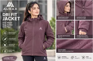 AuraX Women Purple Zipper Hodie Jacket | Dri fit Breathable Four-Way Stretch