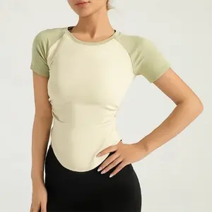 AuraX Women's Yoga Top Scoop Neck Breathable Patchwork Short Sleeve Sports Color Block Tee Tshirt