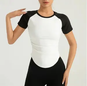 AuraX Women's Yoga Top Scoop Neck Breathable Patchwork Short Sleeve Sports Color Block Tee Tshirt