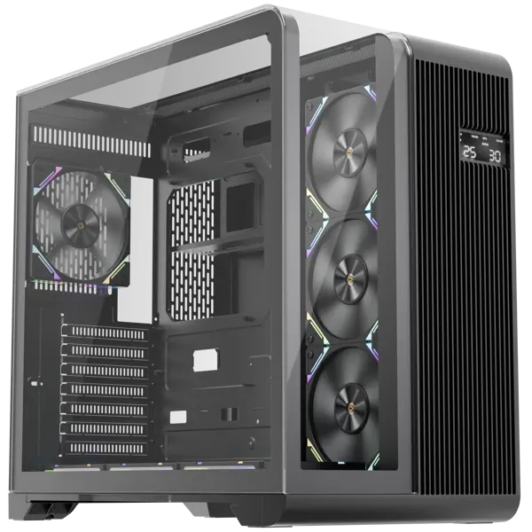 1st Player RT7 ARGB Black Edition Gaming Case - Triple Tempered Glass, Advanced Cooling with 7 Fan Support, USB-C & LED Display, Spacious for High-End Builds (4x ARGB Fans Pre-installed)