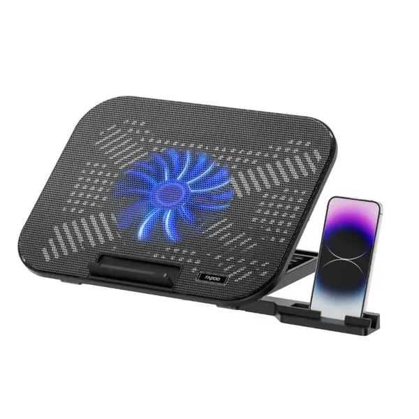 Rapoo CF100 Laptop Cooling Pad with 6-Level Adjustable Stand - Silent 130mm Fan, Ergonomic Design, Multi-Functional Phone Stand, For Laptops up to 14 Inches (Black)