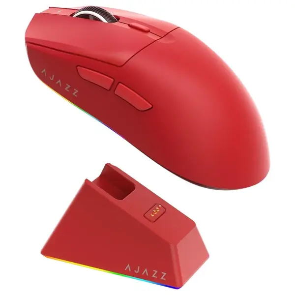 Ajazz AJ139 V2 MC Gaming Mouse with Charging Base, Adjustable 12,000 DPI, PAW3311 Sensor, 3 Modes Wireless Mouse, 500mAh Battery, 1000 Polling Rate, 66g Lightweight, Win/Mac (Red)