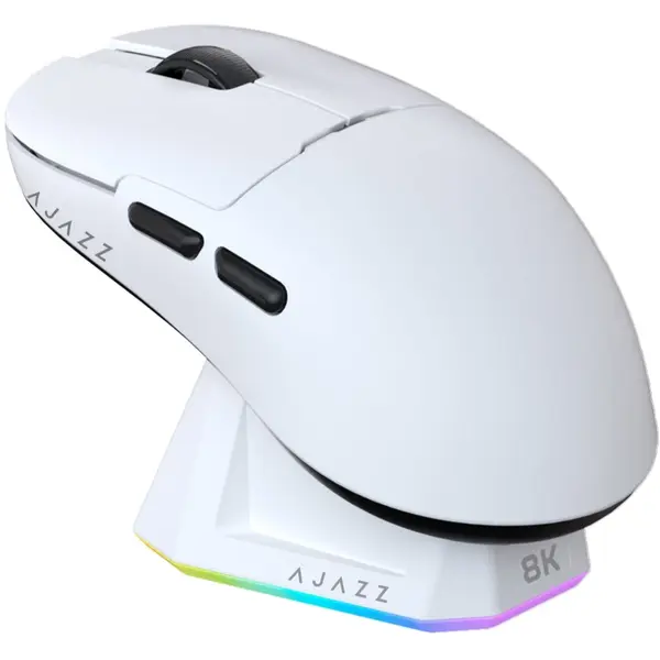 Ajazz AJ159 Pro 8Khz Bluetooth/2.4G/Wired 56G Lightweight Gaming Mouse with Magnetic Charging Dock, PAW3395 Sensor 26KDPI, Huanuo 100 Million Click, 100% ETFE Foot Pad & 8Khz Receiver (White)