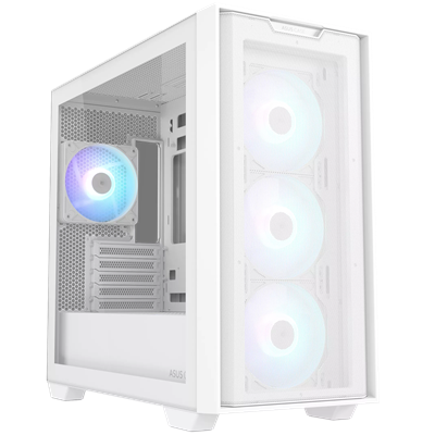 Asus A21 Plus TG ARGB White microATX PC Case (Pre-Installed ARGB Fans, Mesh Front Panel, Compatible with Hidden Port Motherboards, 360mm Radiators, 380mm Graphics, White)