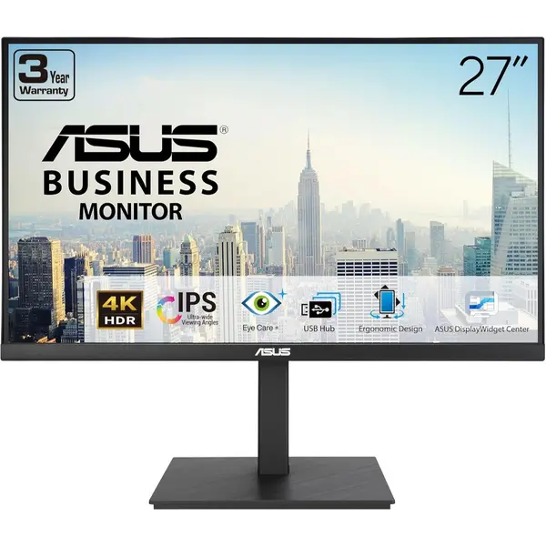 Asus VA27UQSB 27” 4K Business Monitor - UHD (3840 x 2160), IPS, Frameless, HDR10, DisplayPort, Dual HDMI, Speakers, Eye Care, Ergonomic, pivot, swivel, height adjustable, DisplayWidget
