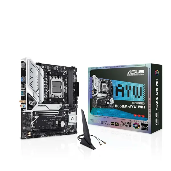 Asus B650M-AYW WiFi AMD B650 Micro-ATX Motherboard with DDR5, PCIe 5.0 M.2 Support, HDMI, Realtek 2.5Gb Ethernet, Wi-Fi 6, Rear USB 10Gbps Ports, Front USB 5Gbps Type-C, SATA 6 Gbps
