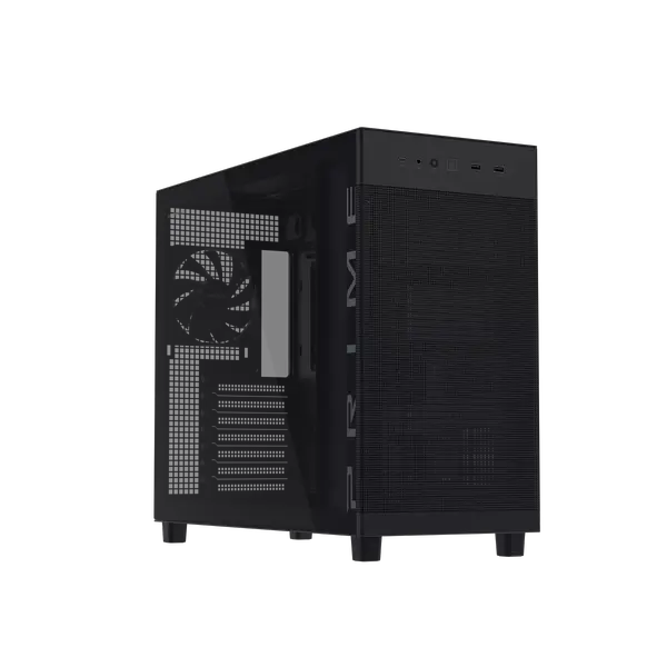 Asus Prime AP303 Tempered Glass Computer ATX Case, 1x 120mm Pre-Installed Fan, Up to 360mm Radiator Support & 4x 120mm Fan Support, Quasi-Filter Mesh Panels, Black
