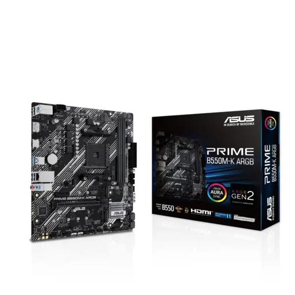 Asus Prime B550M-K ARGB Motherboard, AMD B550, Ryzen AM4, Micro ATX, Dual M.2, PCIe 4.0, Realtek 1Gb Ethernet, DisplayPort and HDMI, SATA 6Gbps, USB 3.2 Gen 1, Front USB 3.2 Gen 1 Type-C