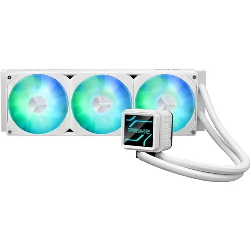 Asus Prime LC 360 ARGB White Edition All-in-One CPU Liquid Cooler with CPU Contact Zone and Finned Channels, Water Block with Infinite Mirror Lenses and ARGB Fans