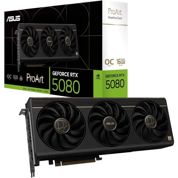 Asus ProArt GeForce RTX 5080 OC Edition Graphics Card, NVIDIA, Desktop (PCIe 5.0, 16GB GDDR7, USB Type-C, HDMI/DP 2.1, 2.5-Slot, Axial-Tech Fans, Vapor Chamber, Phase-Change GPU Thermal Pad)
