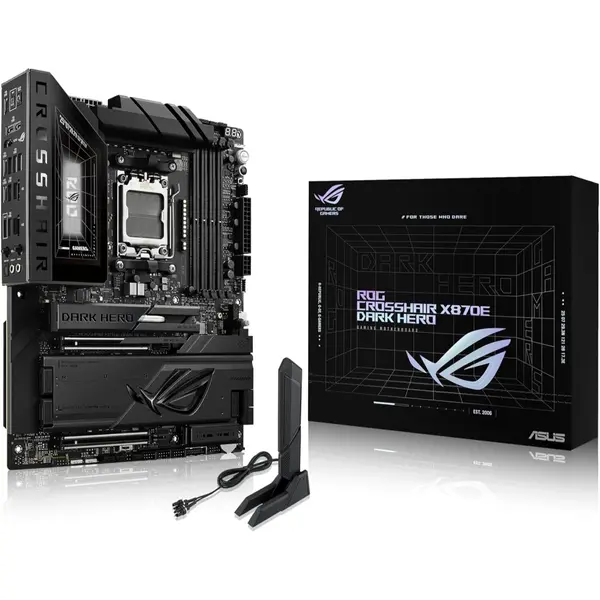 Asus Rog Crosshair X870E Dark Hero AM5 ATX Motherboard, DDR5, DIMM Fit, WiFi 7, 10Gb & 5Gb LAN, PCIe 5.0, 5X M.2, 2X USB4, AIO Q-Connector