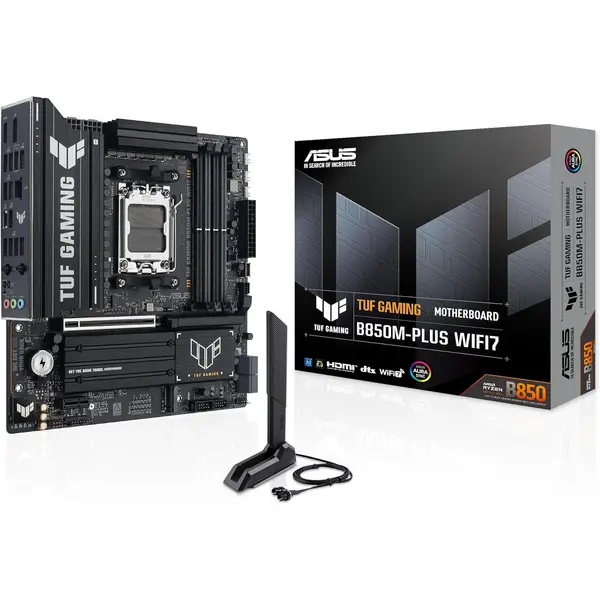 Asus Tuf Gaming B850M-Plus Wifi7 AMD B850 mATX Motherboard, 14+2+1 80A DrMOS Power Stages, DDR5, PCIe 5.0, 3X M.2 Slots, WiFi 7, 2.5Gb Ethernet, DisplayPort, HDMI, Rear USB-C 20Gbps and Front USB-C 10Gbps