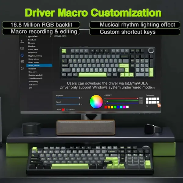 Aula F99 PRO Wireless Gaming Keyboard with 8000mAh Battery, Hot Swappable Star Vector Creamy Switch Keyboard, 2.4GHz/Type-C/BT5.0, NKRO, RGB Backlit for Win/Mac/Gaming (Black Green)