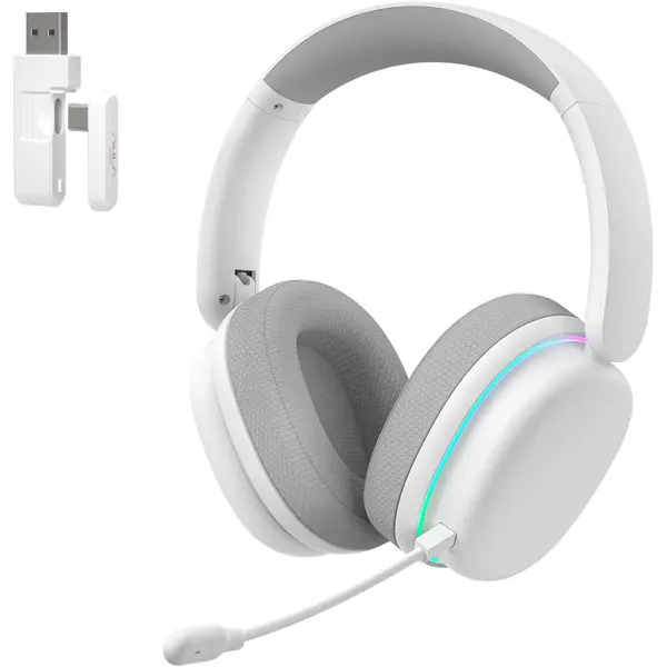 Aula G7 Pro Wireless Gaming Headset with 7.1 Surround Sound, 40mm Driver, BT5.3 Gaming Headphones with Mic, RGB, 10ms Latency, 65H Battery, PC Gaming Headset for PS5, PS4, Switch, PC, Wired Mode for Xbox (White)
