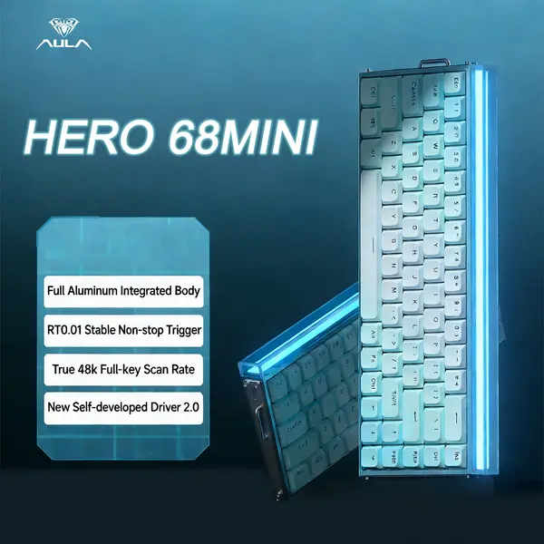 Aula Hero 68 Mini Keyboard with Low-Profile Magnetic Switches, CNC Aluminum Body, RGB, Carbon Fiber Plate, Tea & Powder MINI Switches, 8kHz Polling, 48kHz Scan, 0.01mm Precision (Ice Light Blue)