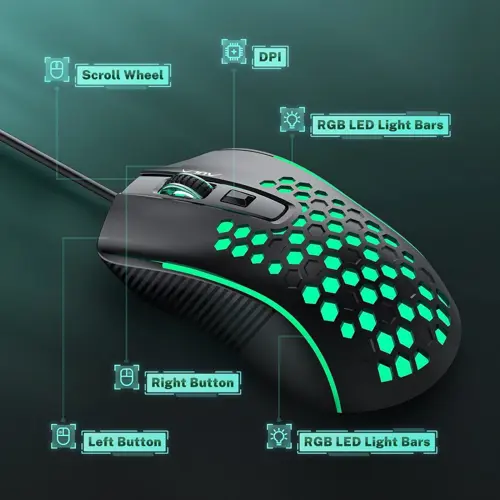 Aula Mountain S11 Wired Gaming Mouse, Ultra-Lightweight Honeycomb Computer Mice with RGB Backlit, 3600 DPI Optical Sensor, 1.5m Cable Length USB Computer Mouse for Desktop & PC Gamers (Black)