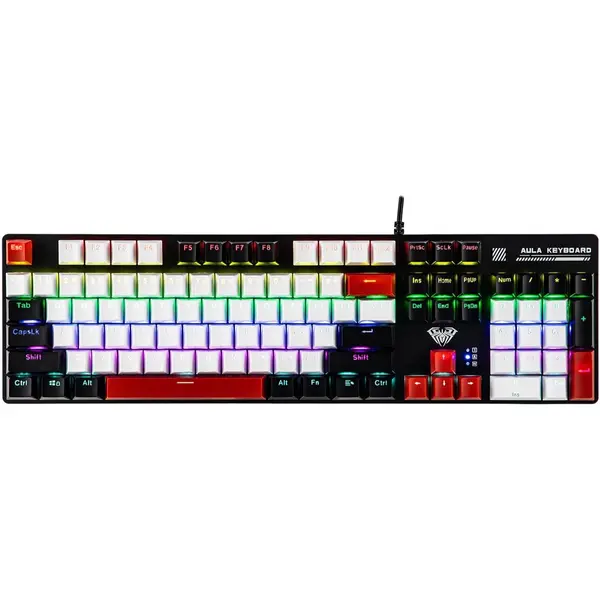 Aula S500 Wired Gaming Keyboard, 100% Full Size Mechanical Keyboard with Number Pad, 104 Keys, NKRO, RGB Backlits, Shine Through Keycaps, Ergonomic for PC E-Sports (Black&Red)
