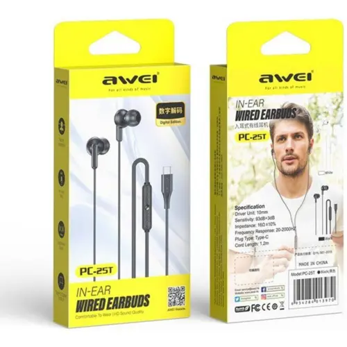 Awei PC-25T USB-C Wired Headphones, Up to 60W Power, 1.2m Cable Length, Type-C Plugin, 10mm Drivers, TPE Material, Black