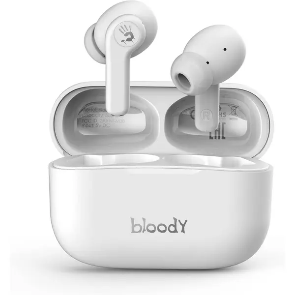 Bloody M30 TWS True Wireless Earbuds, Bluetooth 5.0, 22H Playtime, Low Latency & Lightweight, Hybrid Diaphragm Deep Bass, IPX4 Rate Earphones with Mini Charging Case - White